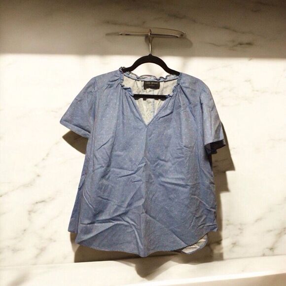 Lane Bryant Blue White Dot Print V-Neck Shirt Womens Short Sleeve Casual Size 16 - Picture 1 of 9